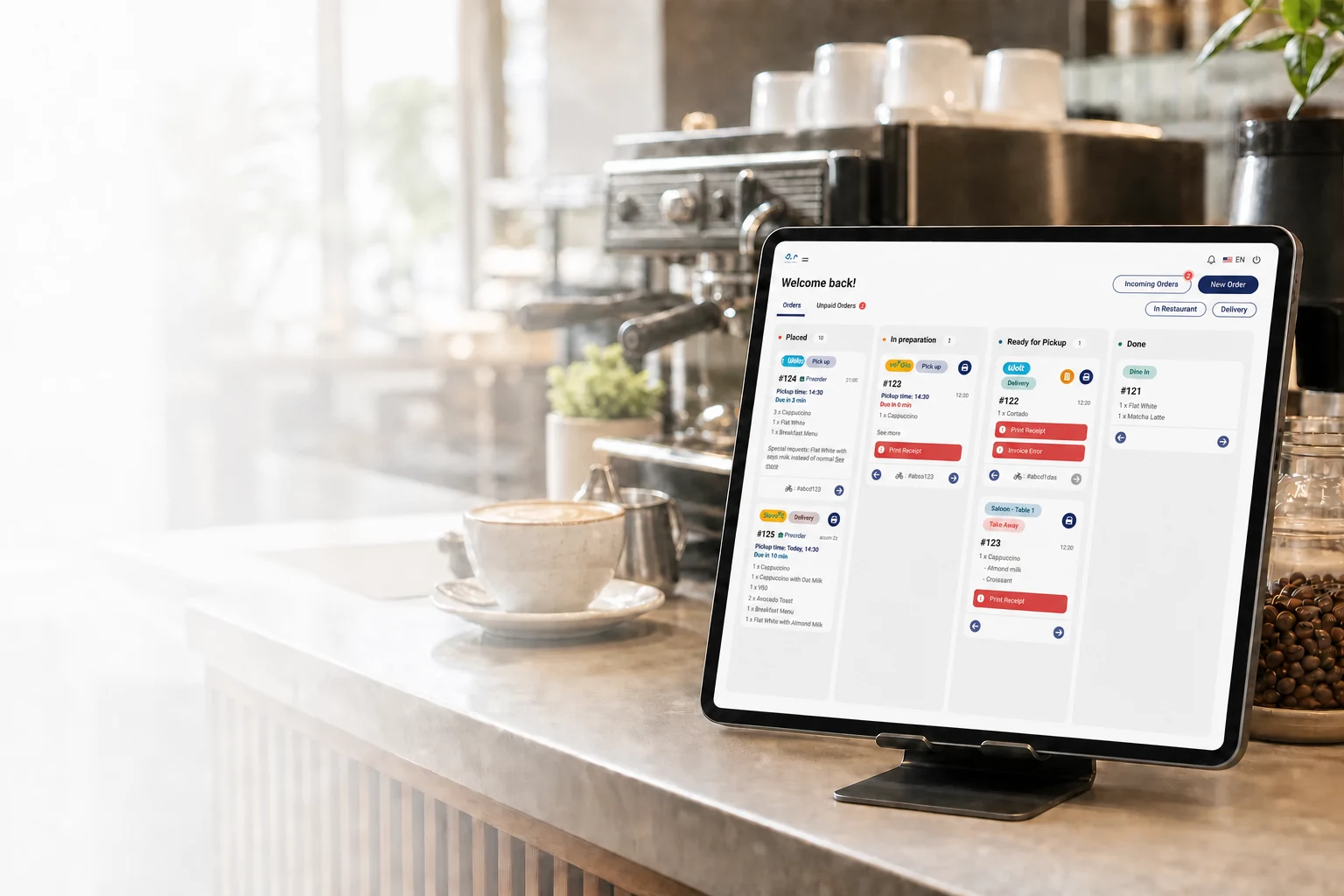Aplicația POS & Comenzi pe o tabletă la tejgheaua unei cafenele